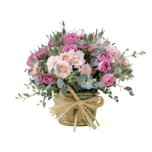 Canasto Mini Rosas Pastel y Eryngium