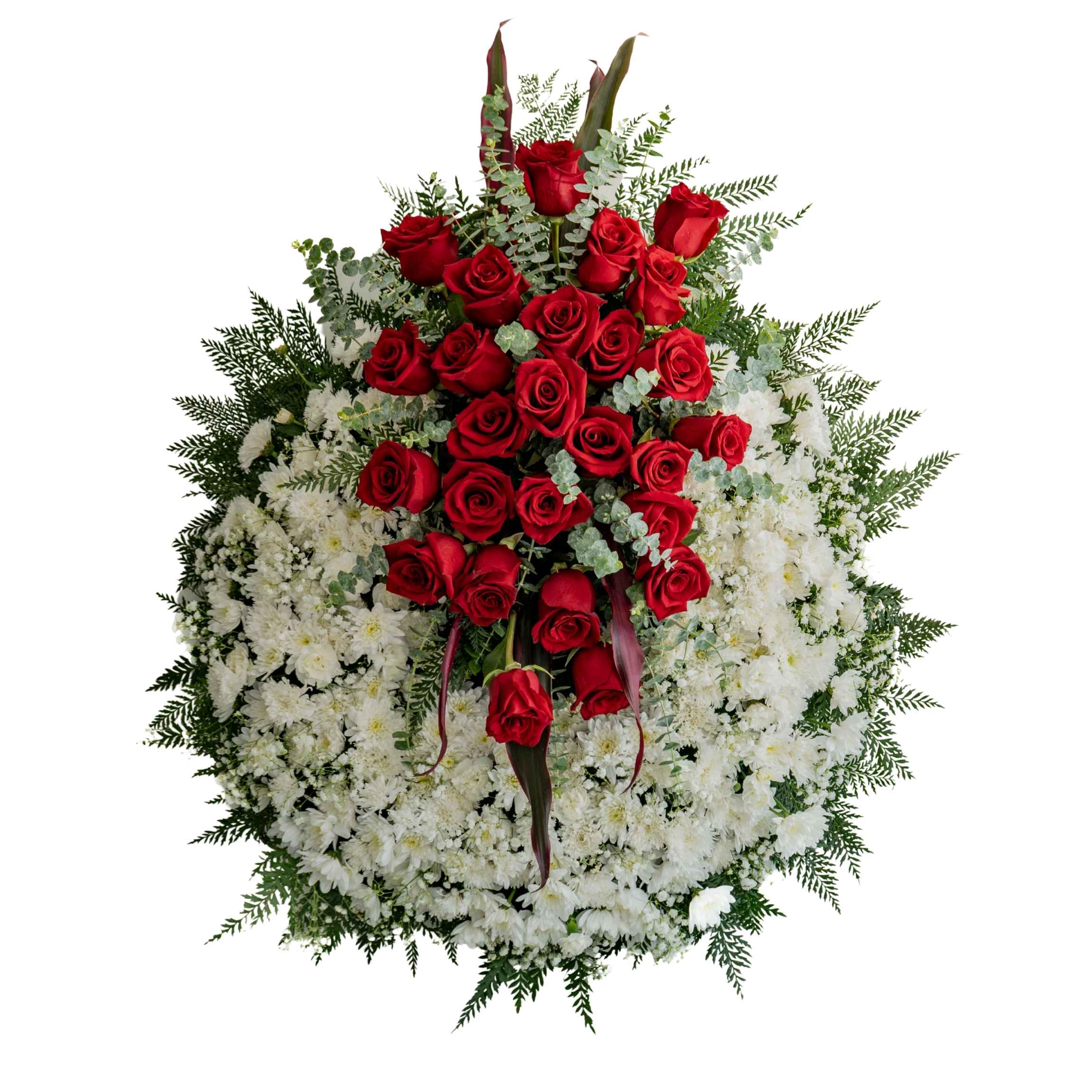 Corona de Flores con Moño de Rosas 1 Corona de flores imperial con moño central de 25 rosas rojas y base de maules blancos de 70 cm.
